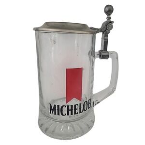 Vintage Michelob Glass Beer Stein Pewter Lid Barware Mug 7.25 In Tall Breweriana